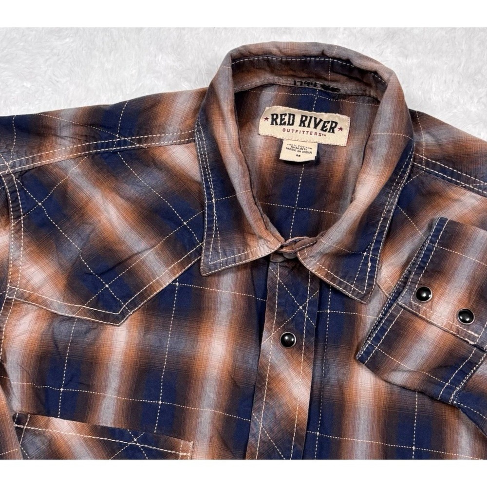 Western Shirt Men M (FIT‎ S) Navy Blue Brown Ombre Plaid Pearl Snap Rodeo Cowboy